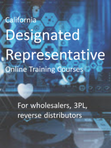 California Designated Representative Online Training Courses. For wholesalers, 3PL, reverse distributors. Collage of medical science images in blue. DSCSA.